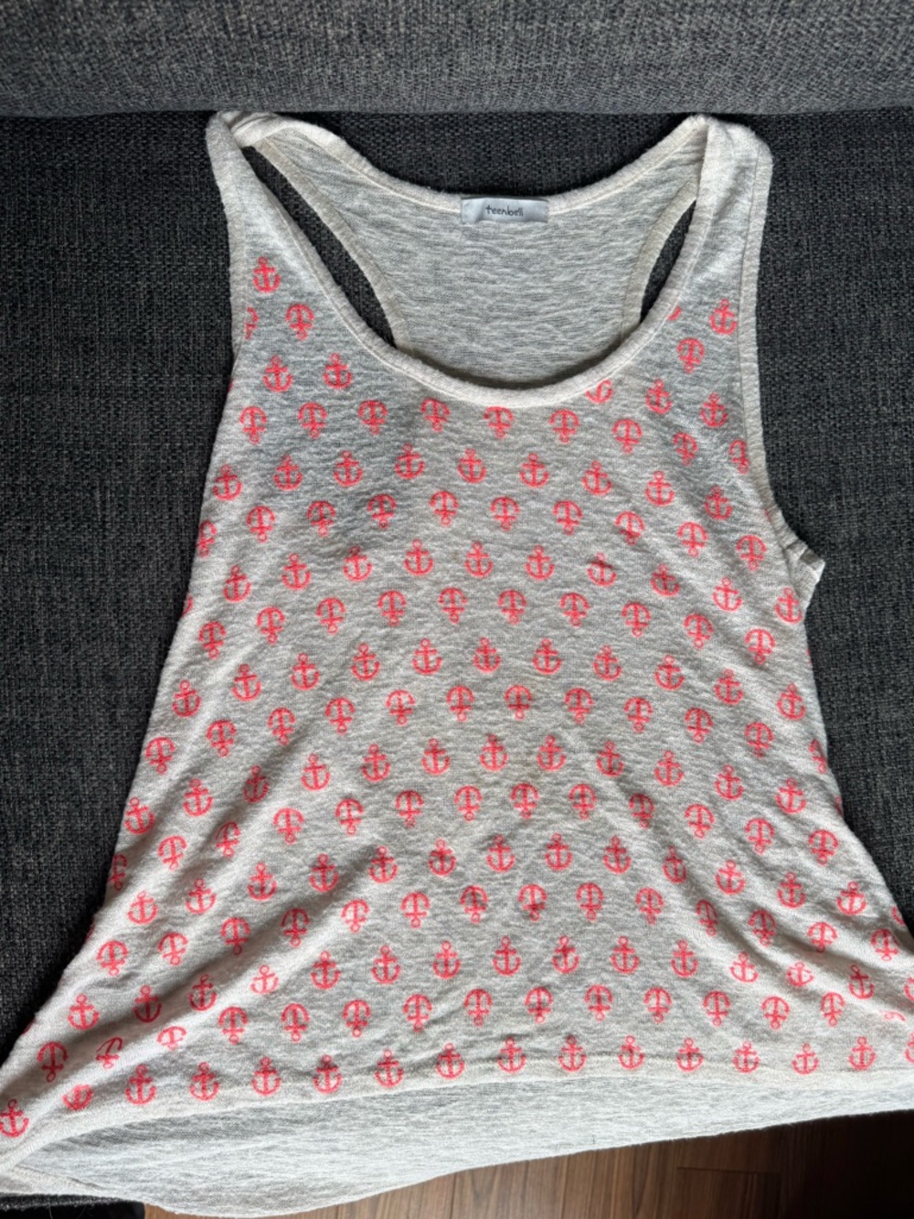 TeenBell Beige Tank Top with Neon Orange Anchor Print